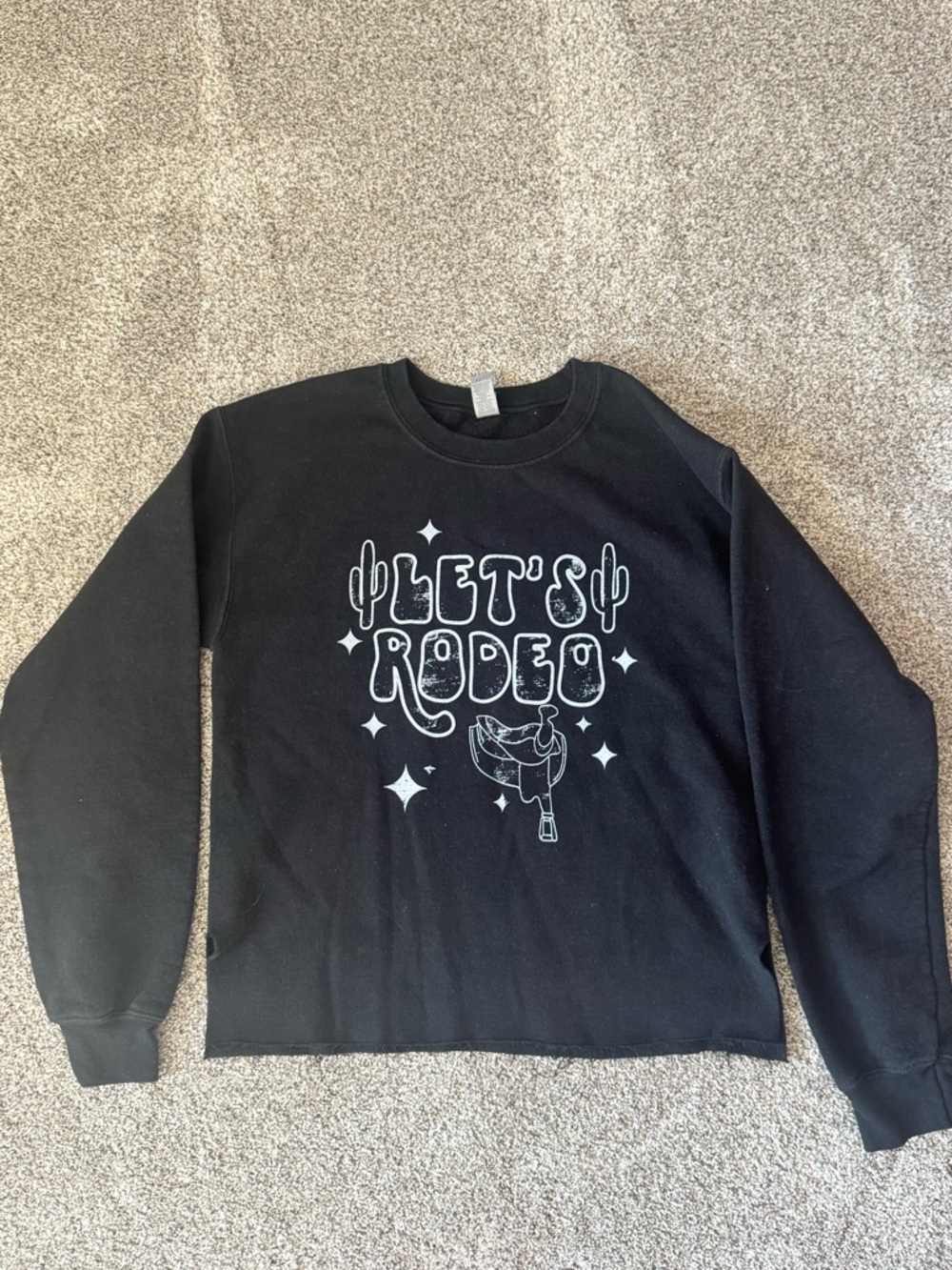Gildan Black Crewneck Sweatshirt with White "Let's Rodeo" Graphic